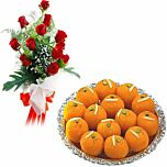 Red Roses bunch & boondi laddu Sweets