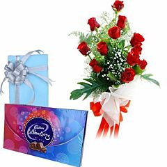 12 Red roses Bunch with Cadbury's Celebration Chocolate Box