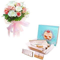 White & Pink Roses bunch &  Kaju Katli Sweets