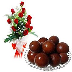 Red Roses bunch with gulab jamun Sweets