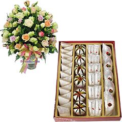Roses in Glass Vase with Assorted Kaju Sweets