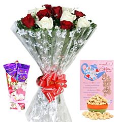 bunch of 12 red and white roses, Cashew Nuts, Dairy Milk Silk and a Greeting Card