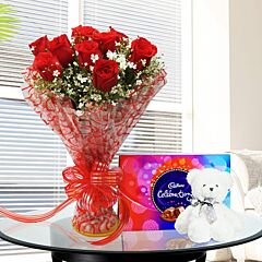 Bunch of Red Roses with Cadbury Celebration and teddy