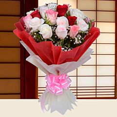 Gorgeous bouquet of 18 Pink, White & Red Roses