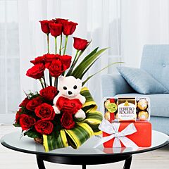 Basket Arrangement of Red Roses with Teddy and Ferrero Rocher