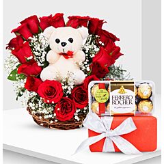 Heart Shape Arrangement of Red Roses with Teddy and Ferrer Rocher