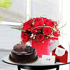 Arrangement of Red Roses with Chocolate Cake
