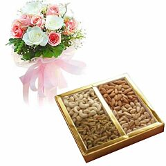 White and Pink Roses and Assorted Dry Fruit Box