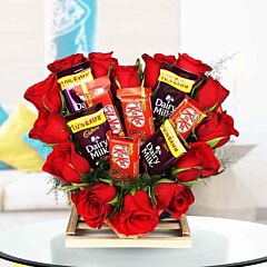 Heart Shape Arrangement of Red Roses, Kitkat and Cadbury Dairy Milk
