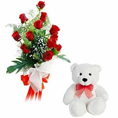 One Dozen Roses & Teddy bear 