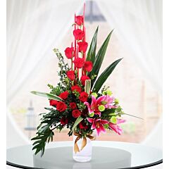 Arrangement of Red Roses and Pink Oriental Lilies