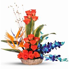 Arrangement of Orange Roses, Birds of Paradise and Blue Orchids