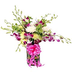 Glass Vase Arrangement of 8 Purple Orchids, Daisies & Carnations