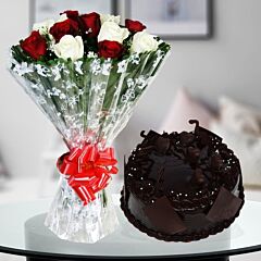 Bunch of Red and White Roses with Chocolate Cake