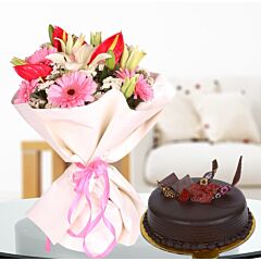 bunch of fresh flowers and Half Kg Chocolate Truffle Cake