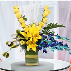 Glass Vase Arrangement of Yellow Roses, Yellow Asiatic Lilies and Orchids