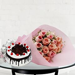 bunch of 20 pink roses and 500 black forest cake