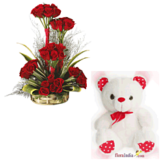 Red Roses Basket with Teddy Bear online