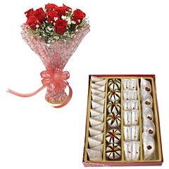 Red Roses Bunch with Assorted Kaju Sweets
