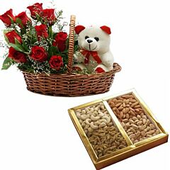 Assorted Dry fruit box & a basket with red roses and a teddy
