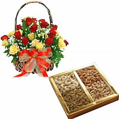 Mixed Color Roses in a Basket with Assorted Dry Fruit