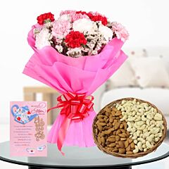 15 Mixed Color Carnations, Almonds and Cashew in a basket and Greeting card