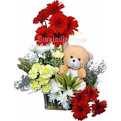 Basket Arrangement of Carnations, Gerberas and Chrysanthemums with teddy