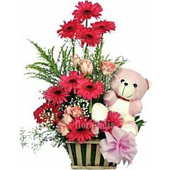 Flower Arrangement of Gerberas, Roses & Teddy in a Basket