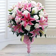 Glass Vase Arrangement of Pink lilies and Carnations