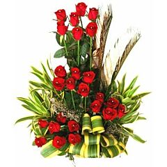 One sided standing arrangement of 25 red roses