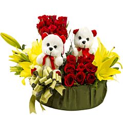 Flower Arrangement of Yellow Lilies, Red Roses and Teddies