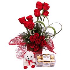 Red Roses in a Vase and Ferraro Rochers with Teddy