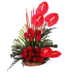 Arrangement of Red Roses and Red Anthuriums