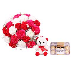 Bunch of Carnations and 16 Pcs Ferrero Rochers with a Teddy