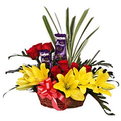 Arrangement of Yellow Asiatic Lilies and Red Roses