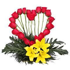 Heart shape arrangement of red roses and Yellow Asiatic Lilies