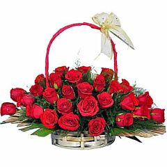 Round arrangement of 36 Red Roses in a basket
