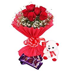 Bunch of Red Roses Bunch with Teddy and Chocolates
