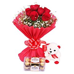 Bunch of 15 Red Roses With Teddy and Ferrero Rocher