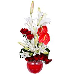 Red Roses with Anthuriums and White lilies in a Glass Bowl