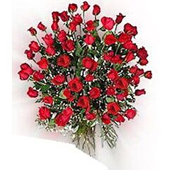A Round arrangment of 120 Red roses in a vase