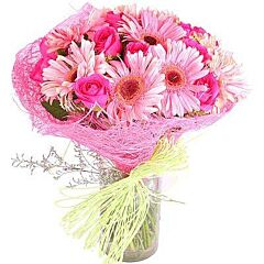 Pink Gerberas and Pink Roses in a Glass Vase