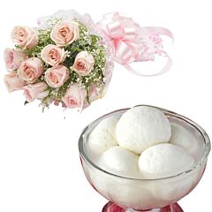 Bunch of Pink Roses & Rasgullas Sweets