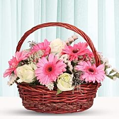 Basket Arrangement of Pink Gerberas and White Roses