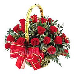 Red Roses Arranged in a Round Handle Basket