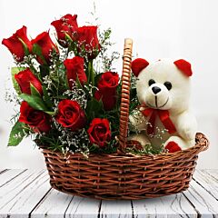 basket of 10 Red Roses with Teddy Bear