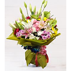 A bouquet of Oriental Lilies, Daisies, Carnations and Anthuriums