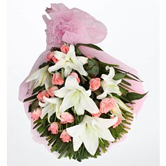 bouquet of pink roses and white Asiatic lilies