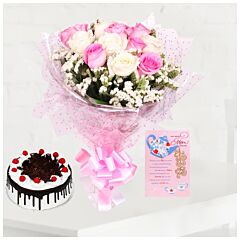 bunch Pink and White Roses bunch and Half kg black forest cake with Greeting Card