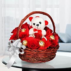 Handle Basket Arrangement of Red Roses with Teddy Bear
